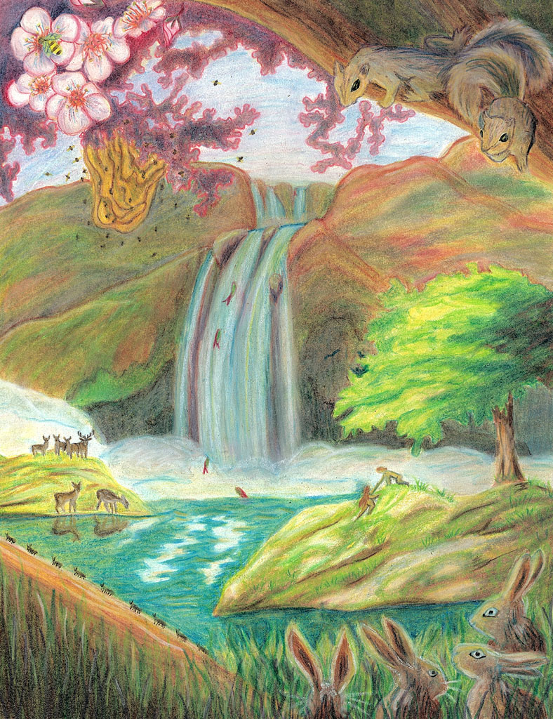 Waterfall with animals