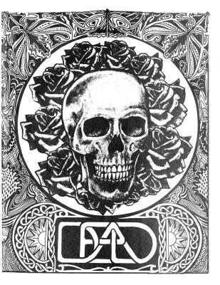 skull surrounded by roses and psychedelic imagery