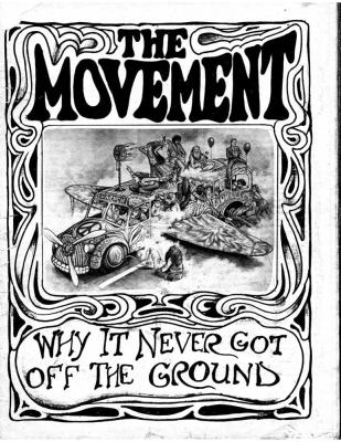 black and white drawing of rag-tag bunch of hippies all over a bus with one aging and becoming an older businessman