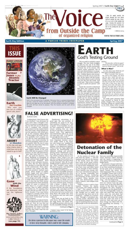 newspaper sheet with earth, nuclear explosion, woman with baby, and atomic tractor
